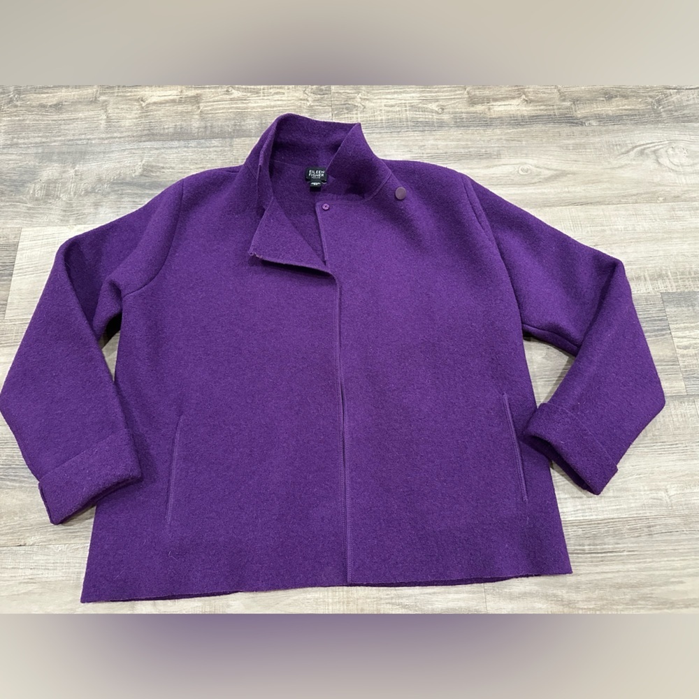 Eileen Fisher 100% Wool Purple Snap Neck Jacket Sweater Petite Small